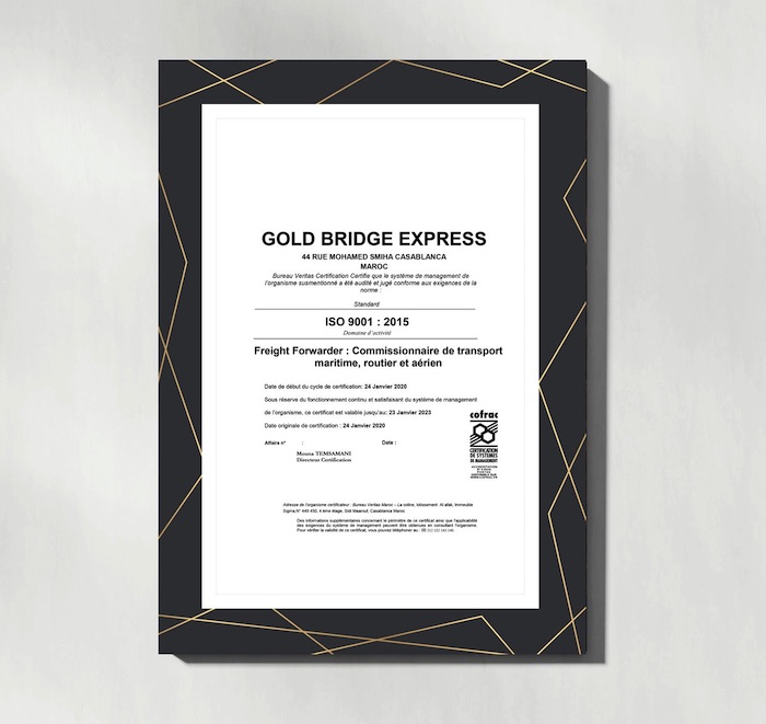 GOLD BRIDGE EXPRESS (Morocco) receives ISO 9001 Certification